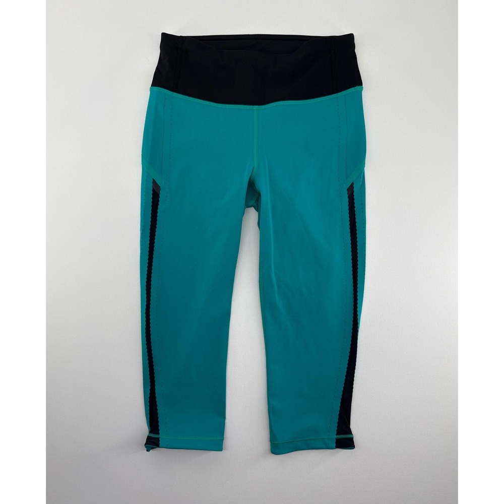 Lululemon Run Inspire Crop II Teal Black Leggings Sz 4 Zipper Pocket Reflective